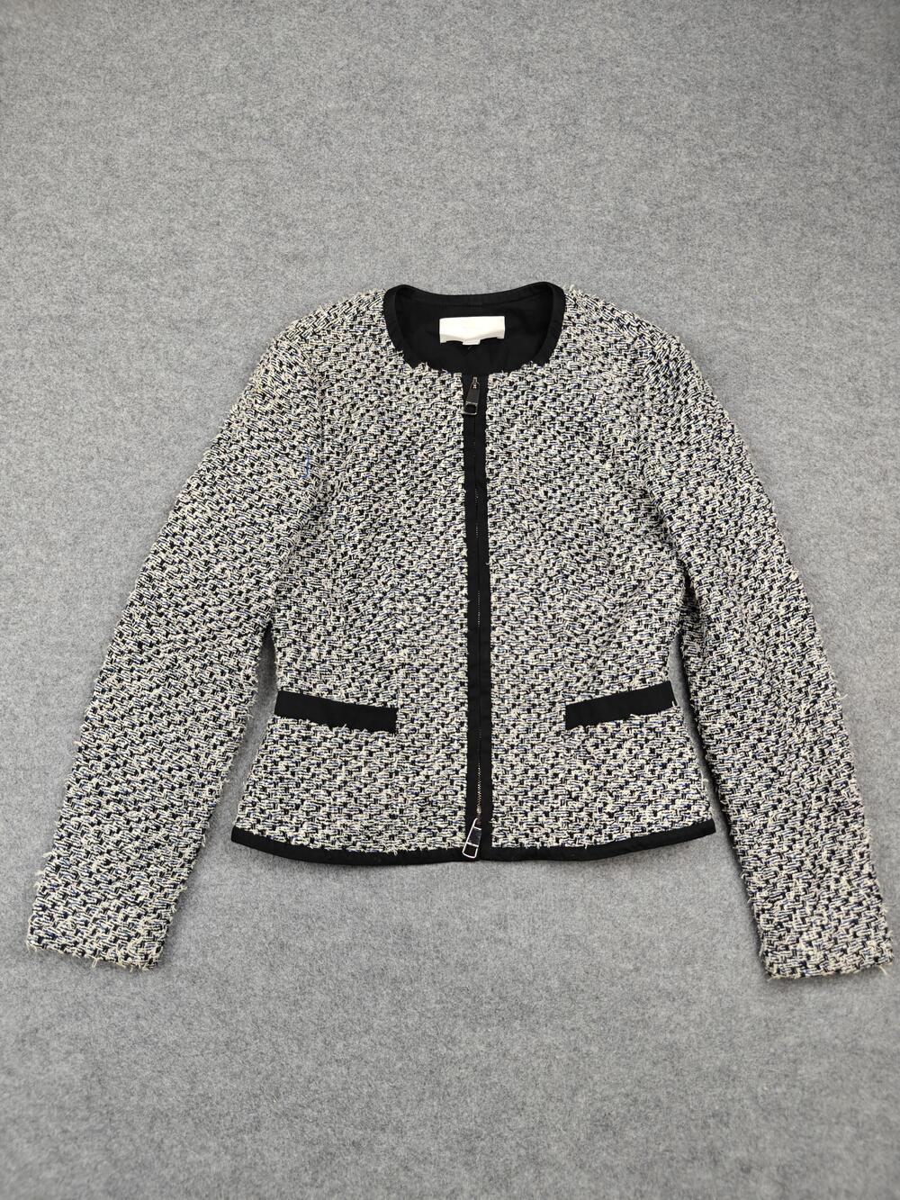 HUGO BOSS Jacket Womens 6 Multicolor Tweed Collarless Full Zip Pockets Lined